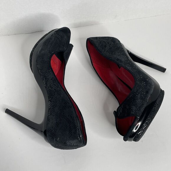 Charles Jourdan Black Snake Print Peep Toe Platform Stiletto Heels Size 11 - Picture 5 of 12